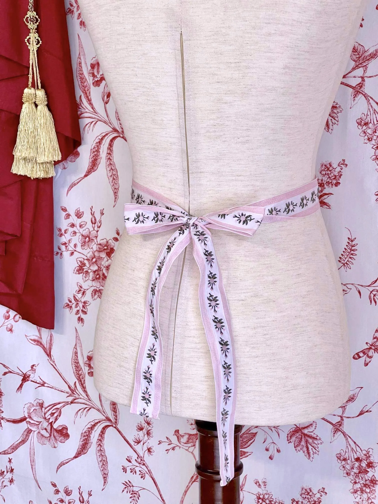 Handmade Rococo and Regency Style Floral Ribbon Belt in Pink x White
