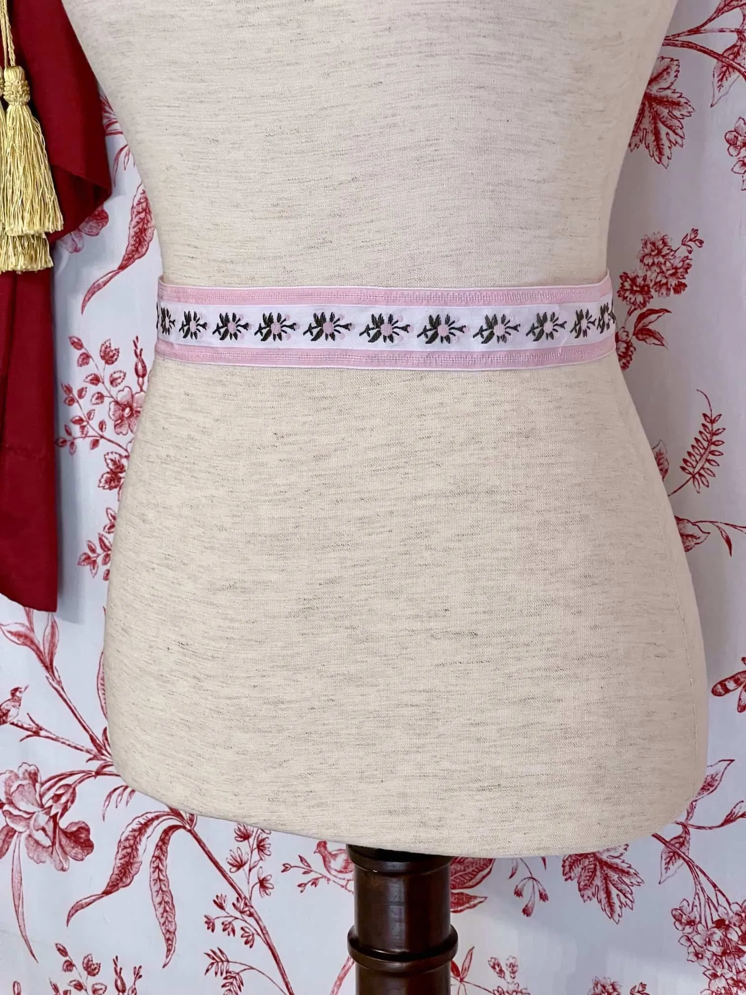 Handmade Rococo and Regency Style Floral Ribbon Belt in Pink x White