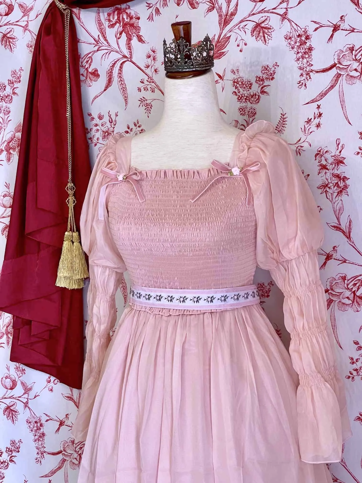 Handmade Rococo and Regency Style Floral Ribbon Belt in Pink x White