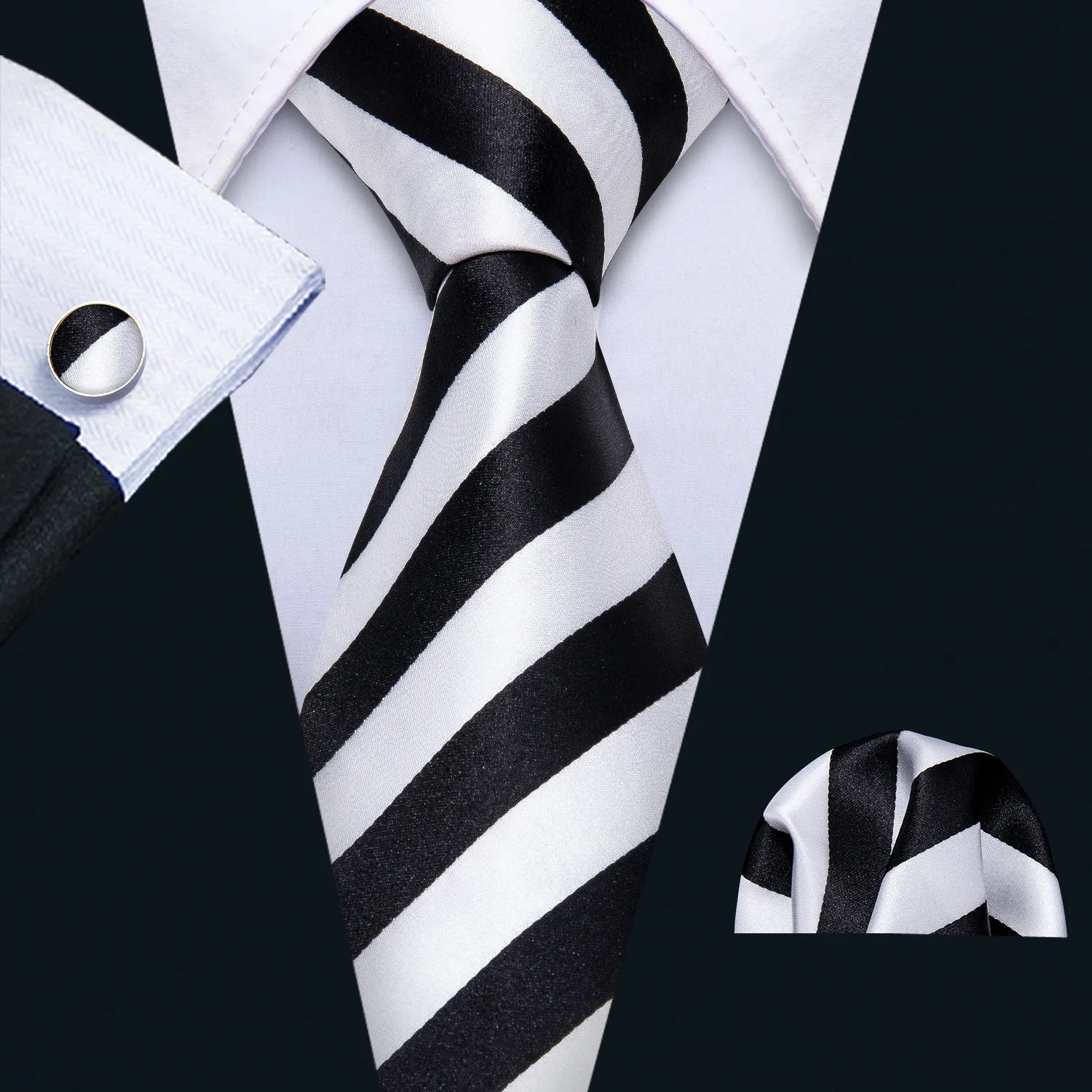 Hi-Tie Black White Striped Men's Necktie Pocket Square Cufflinks Set