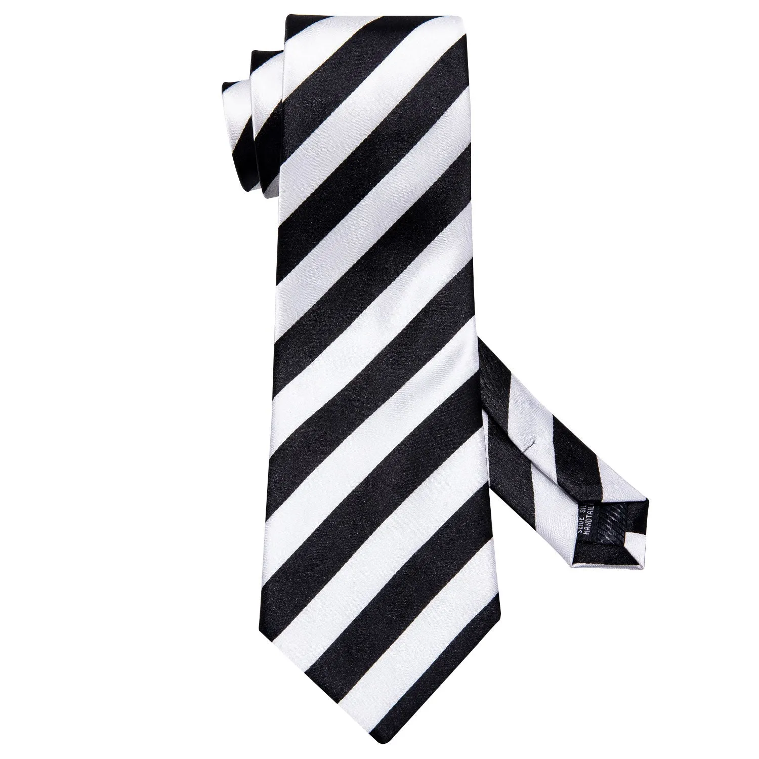 Hi-Tie Black White Striped Men's Necktie Pocket Square Cufflinks Set
