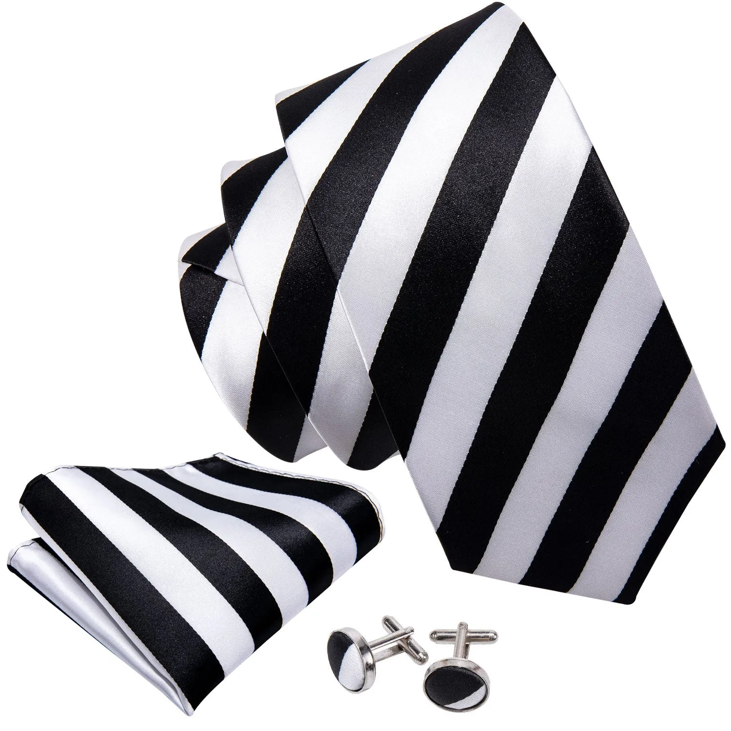 Hi-Tie Black White Striped Men's Necktie Pocket Square Cufflinks Set