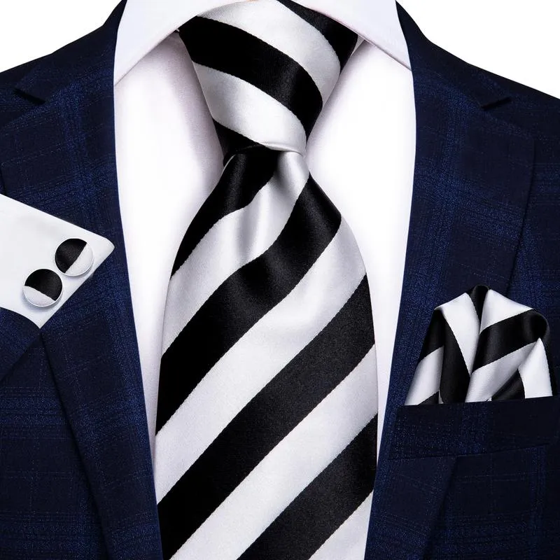 Hi-Tie Black White Striped Men's Necktie Pocket Square Cufflinks Set