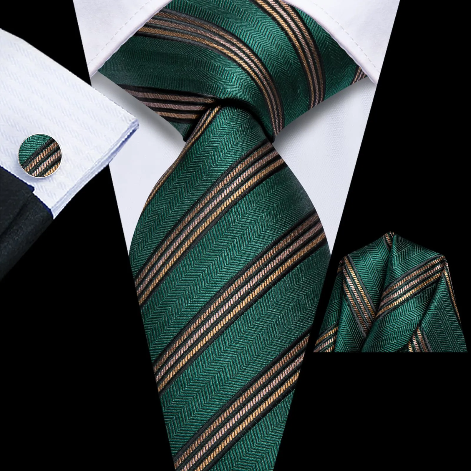 Hi-Tie Phthalo Green Striped Silk Mens Tie Handkerchief Cufflinks Set