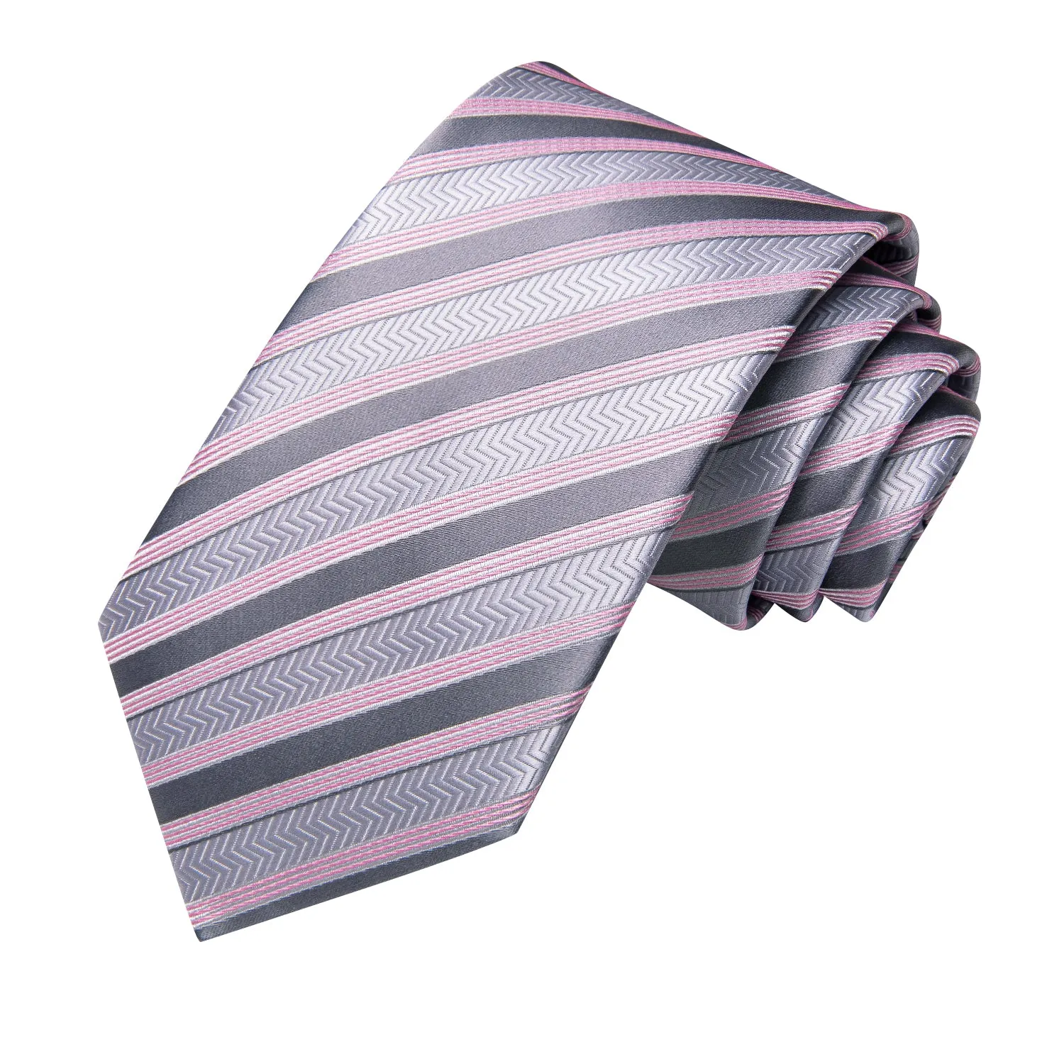 Hi-Tie Silver Tie Grey Pink Striped Tie Pocket Square Cufflinks Set
