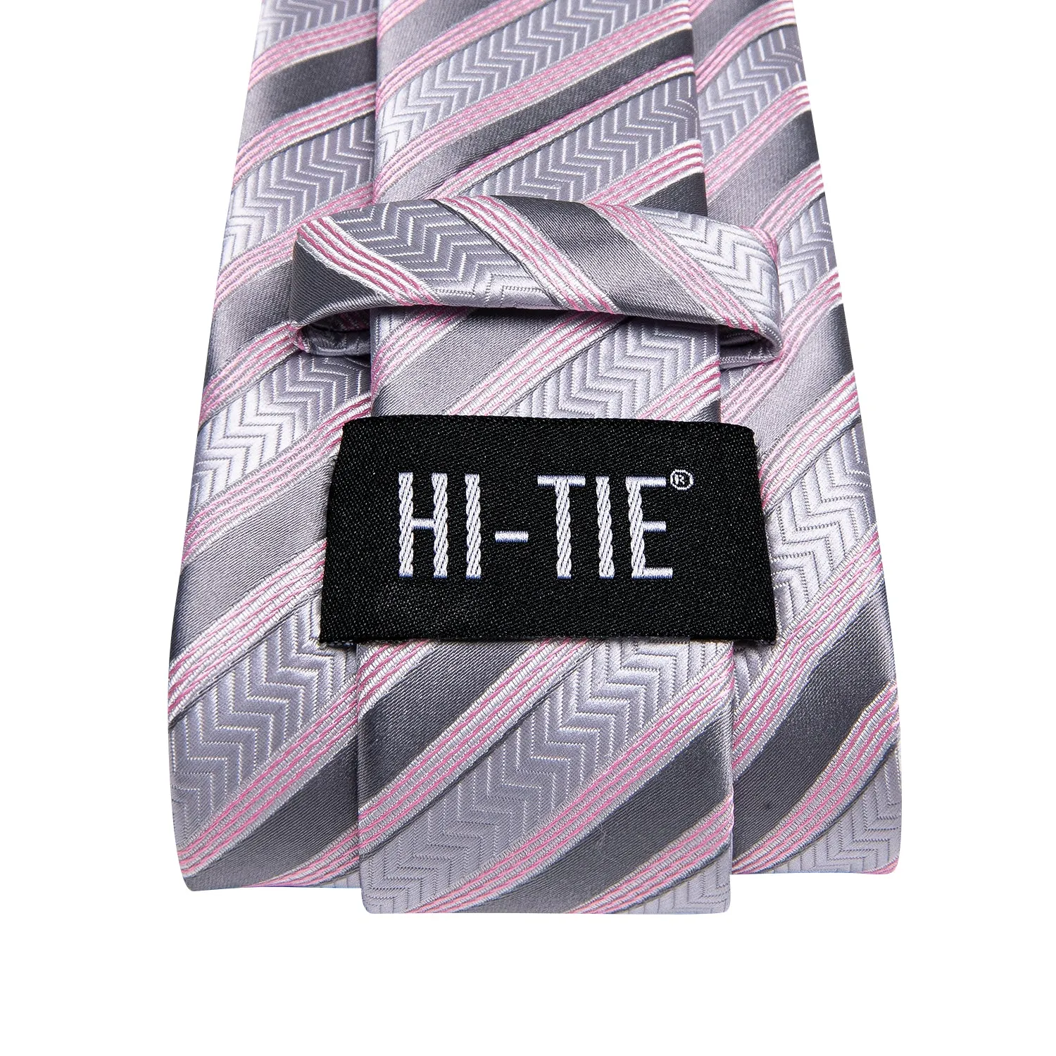 Hi-Tie Silver Tie Grey Pink Striped Tie Pocket Square Cufflinks Set