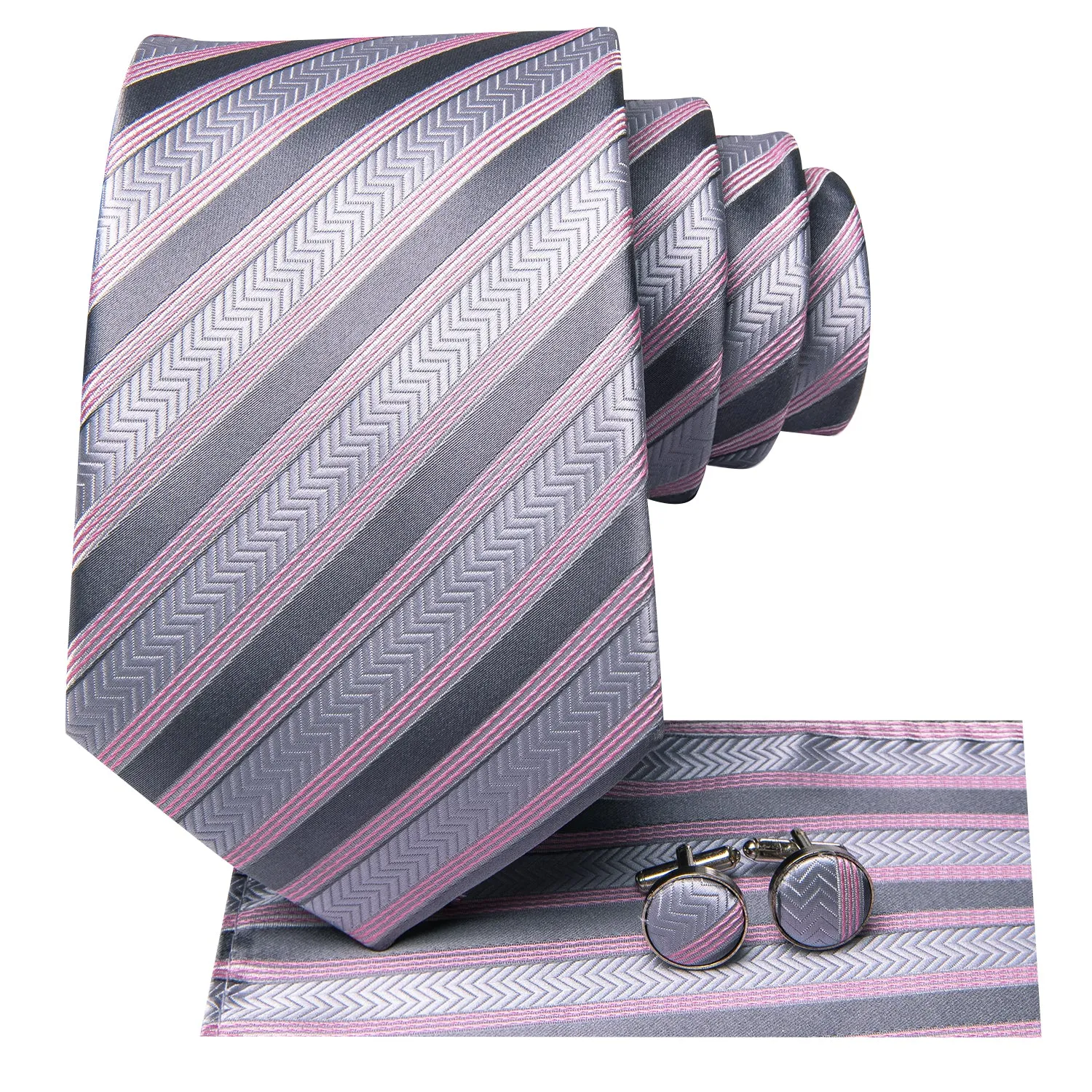 Hi-Tie Silver Tie Grey Pink Striped Tie Pocket Square Cufflinks Set