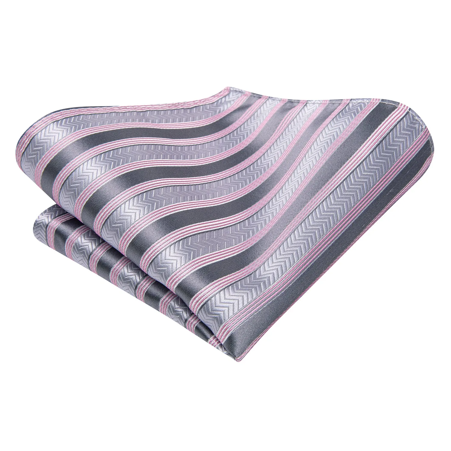 Hi-Tie Silver Tie Grey Pink Striped Tie Pocket Square Cufflinks Set