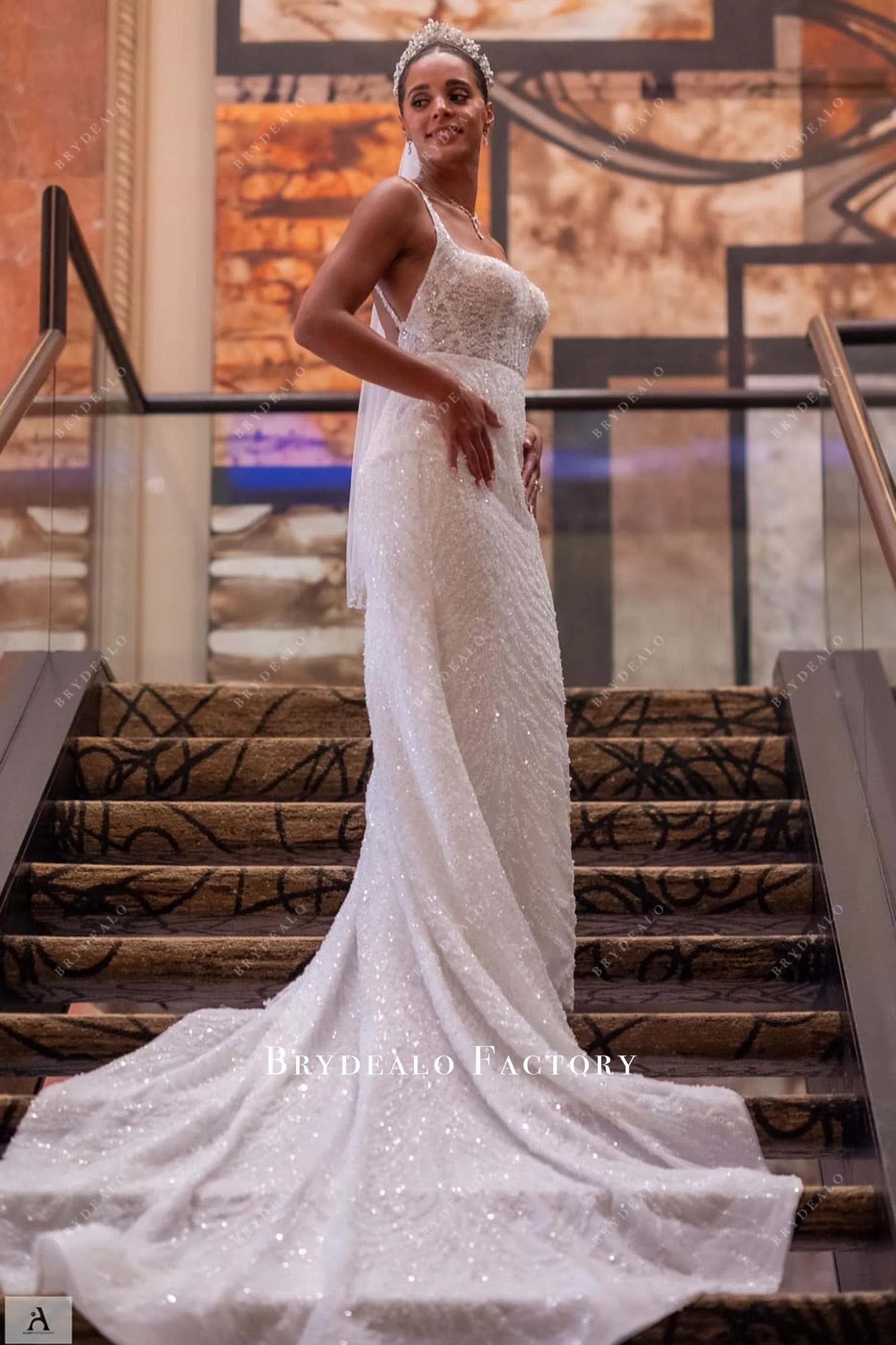 Horsehair Long Train Sleeveless Backless Allover Beading Bridal Dress