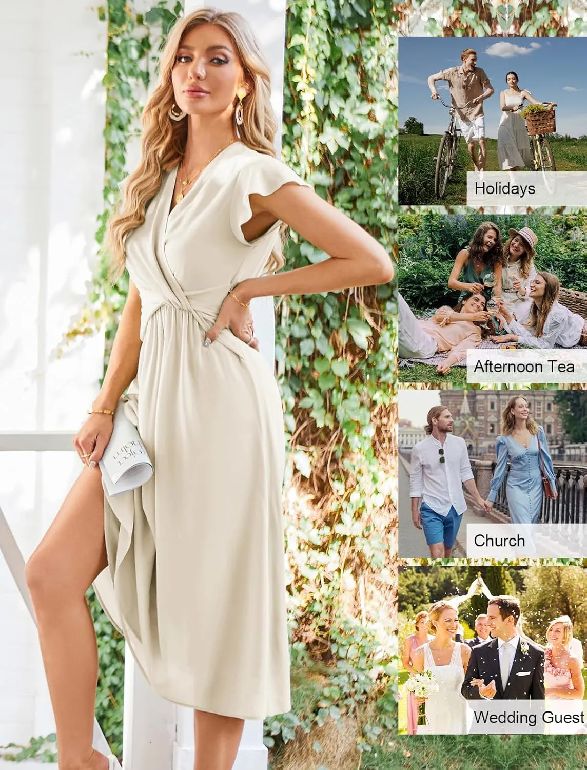 JASAMBAC Womens Dresses Casual Ruffle Short Sleeves Chiffon Empire Waist Elastic V-Neck Wedding Guest A-Line Maxi Dress