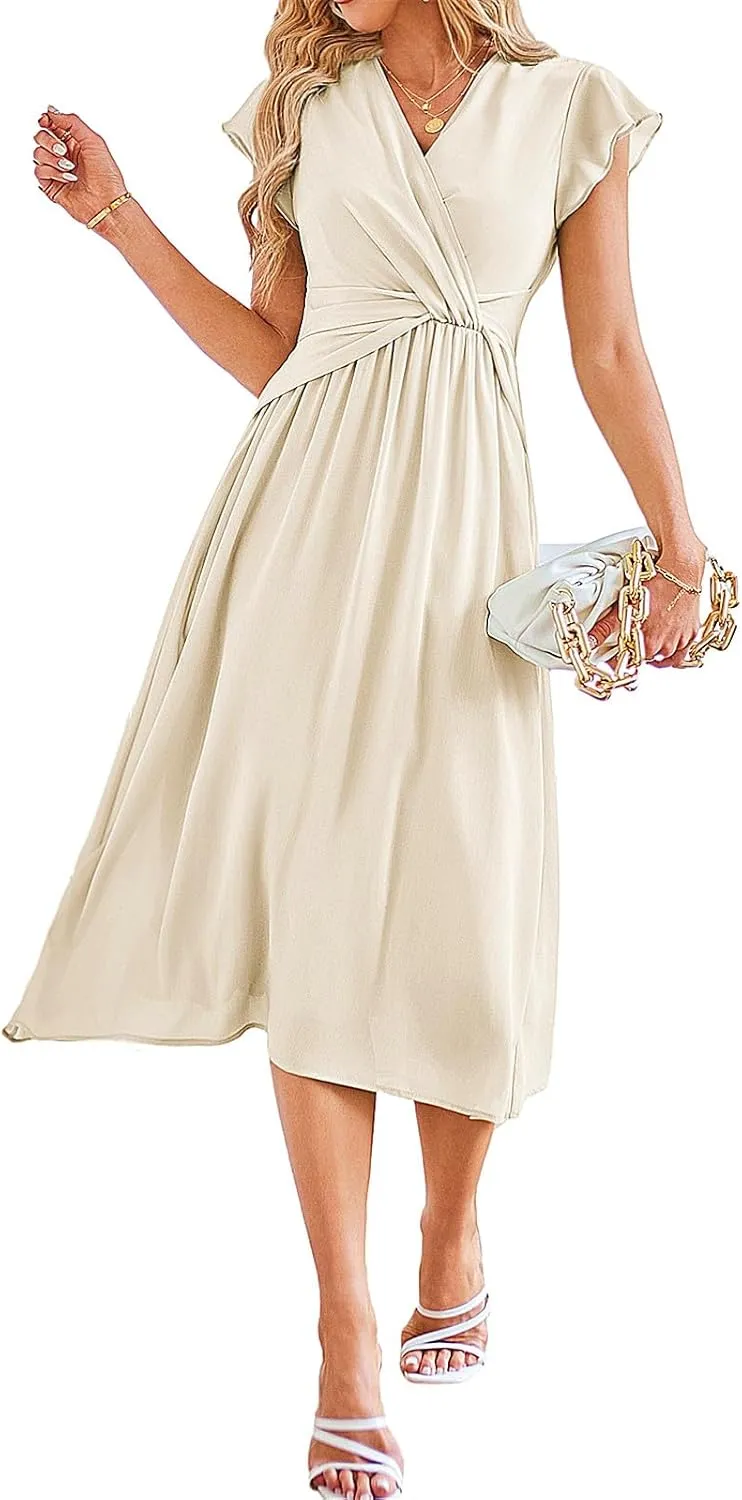 JASAMBAC Womens Dresses Casual Ruffle Short Sleeves Chiffon Empire Waist Elastic V-Neck Wedding Guest A-Line Maxi Dress
