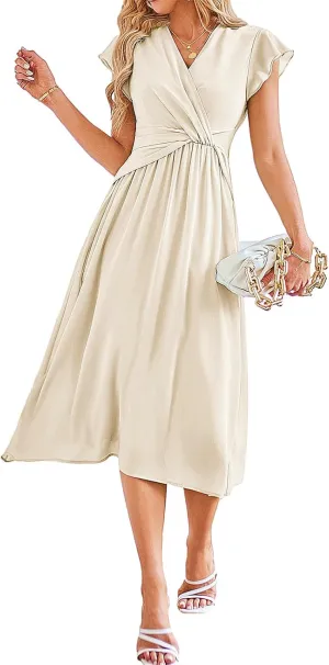 JASAMBAC Womens Dresses Casual Ruffle Short Sleeves Chiffon Empire Waist Elastic V-Neck Wedding Guest A-Line Maxi Dress