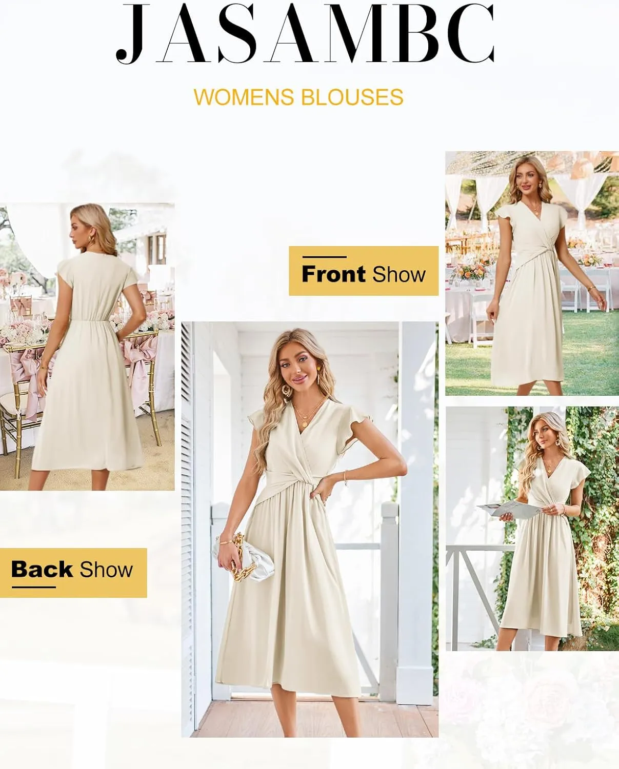 JASAMBAC Womens Dresses Casual Ruffle Short Sleeves Chiffon Empire Waist Elastic V-Neck Wedding Guest A-Line Maxi Dress