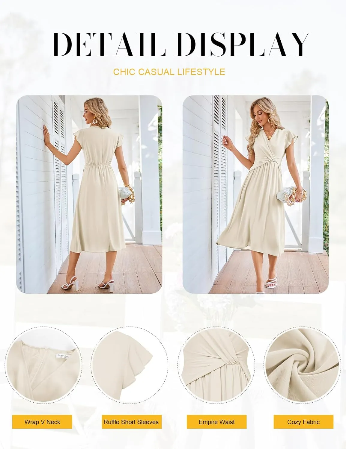 JASAMBAC Womens Dresses Casual Ruffle Short Sleeves Chiffon Empire Waist Elastic V-Neck Wedding Guest A-Line Maxi Dress