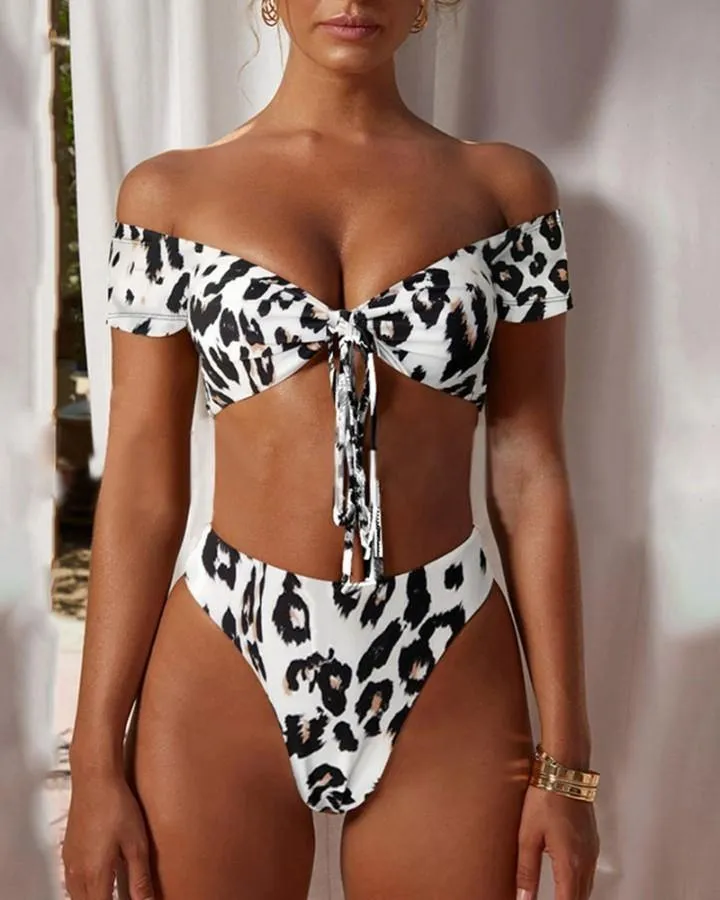 Leopard Short Sleeve Off Shoulder Bra With Panties Bikini Sets