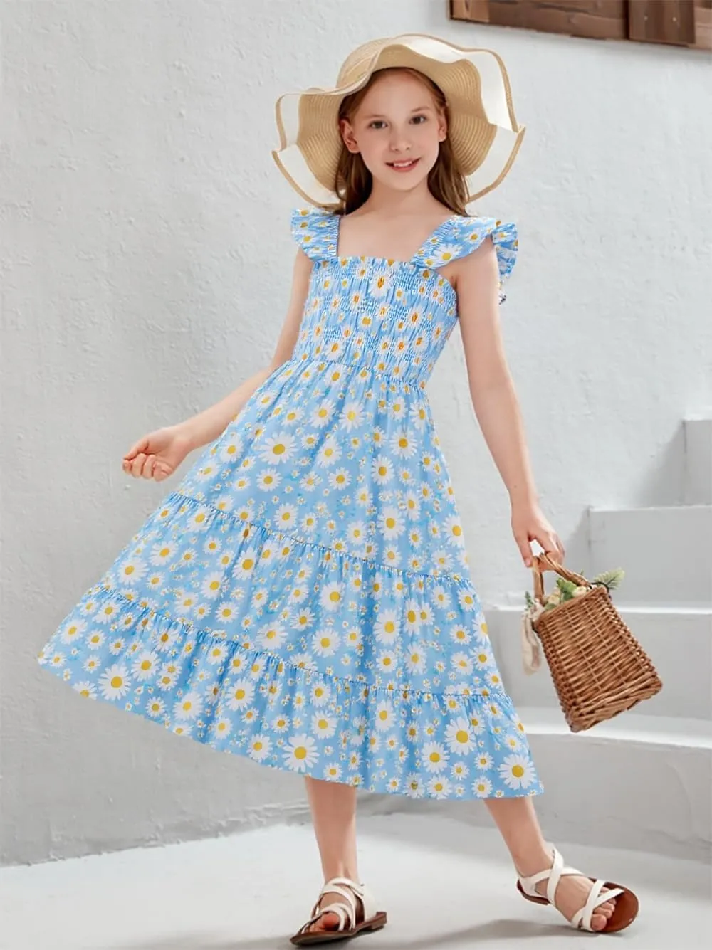 Little Girls Dresses Casual Summer Dress Ruffle Sleeve Floral Tiered Sundress Smocked Shirred Party Dress 3-10 Years