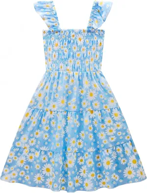 Little Girls Dresses Casual Summer Dress Ruffle Sleeve Floral Tiered Sundress Smocked Shirred Party Dress 3-10 Years