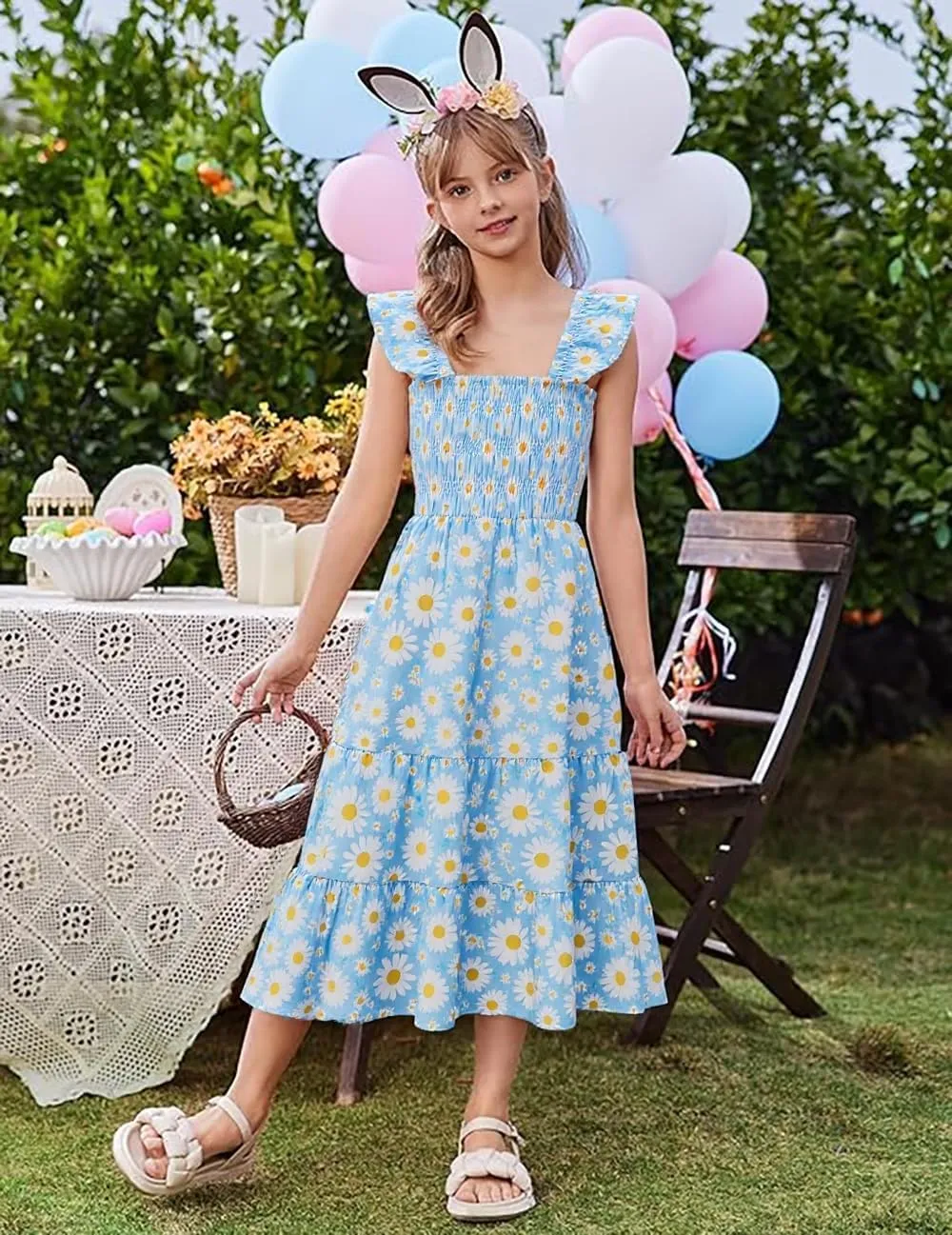 Little Girls Dresses Casual Summer Dress Ruffle Sleeve Floral Tiered Sundress Smocked Shirred Party Dress 3-10 Years