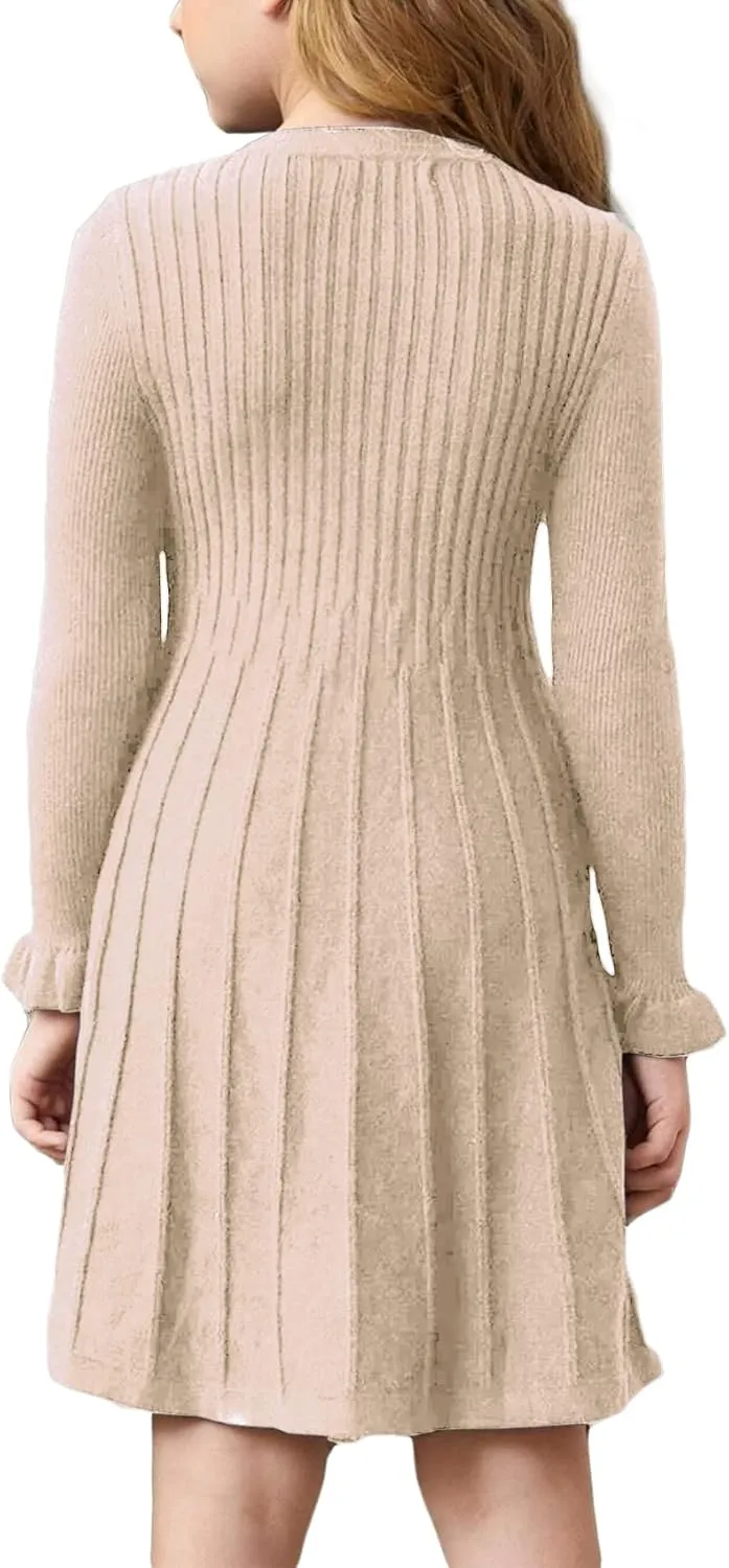 Little Girls Knit Sweater Dress Long Sleeve Ribbed Ruffle Dress Kids Pullover Dresses