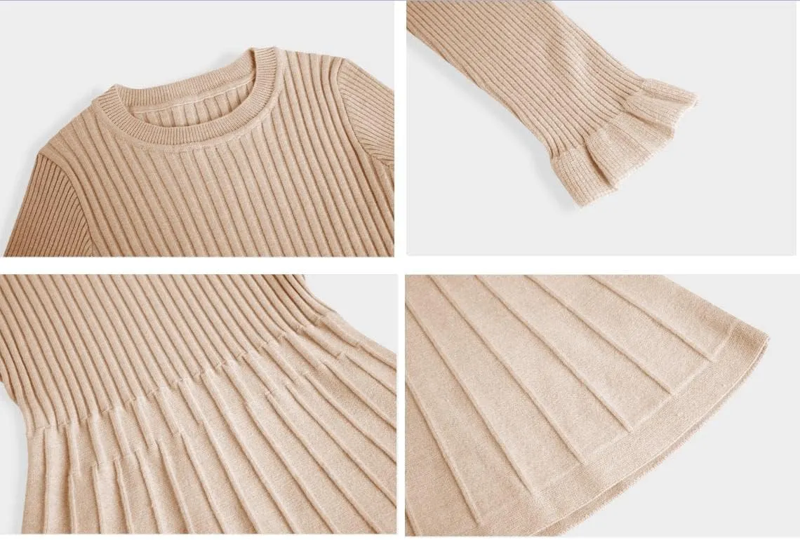 Little Girls Knit Sweater Dress Long Sleeve Ribbed Ruffle Dress Kids Pullover Dresses