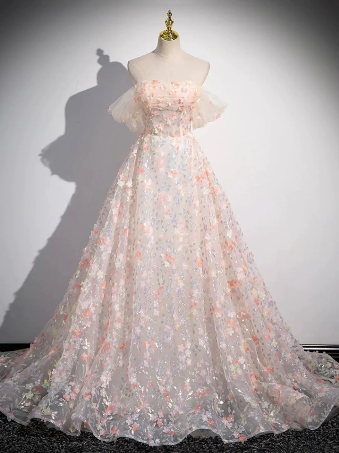 Lovely Three-dimensional Floral Floor Length Prom Dress Off the Shoulder Evening Party Dress