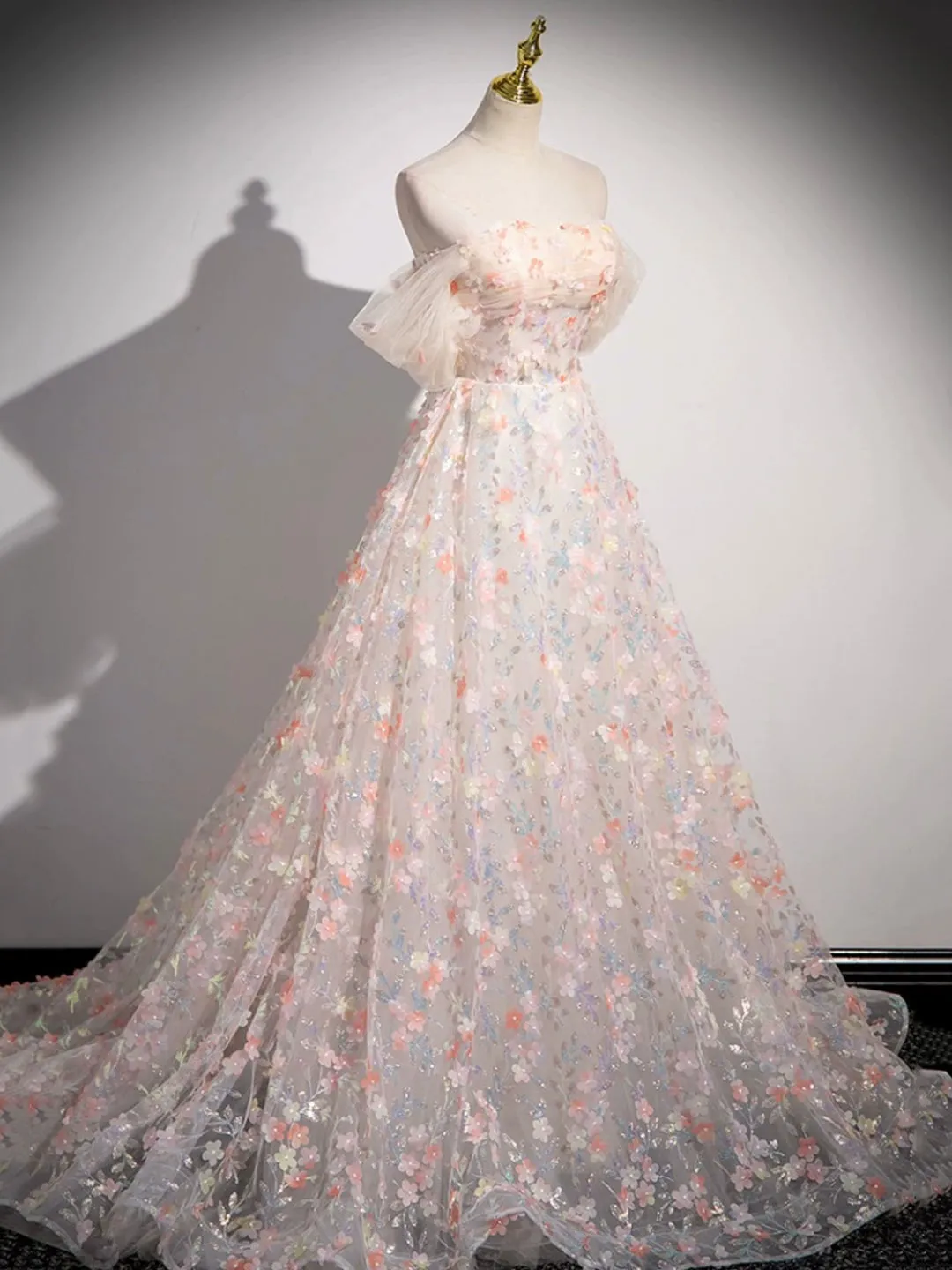 Lovely Three-dimensional Floral Floor Length Prom Dress Off the Shoulder Evening Party Dress