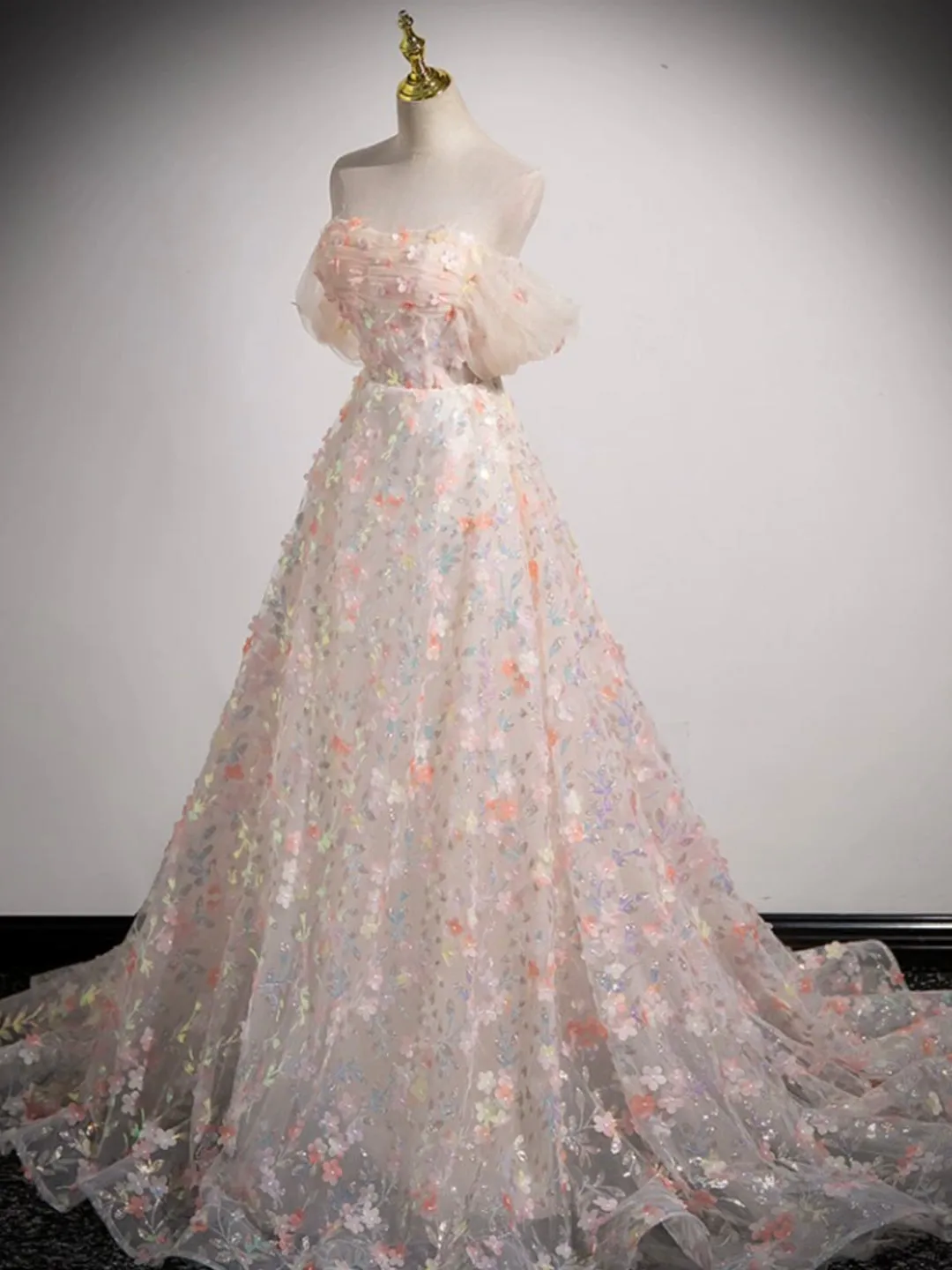 Lovely Three-dimensional Floral Floor Length Prom Dress Off the Shoulder Evening Party Dress