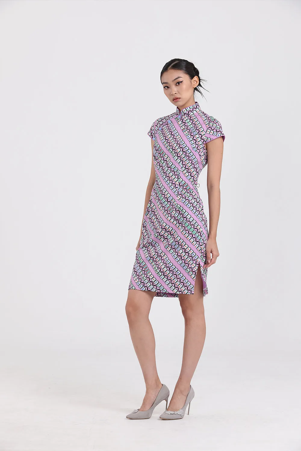 MARJORIE Mahjong Print Cheongsam (Purple/ Green)