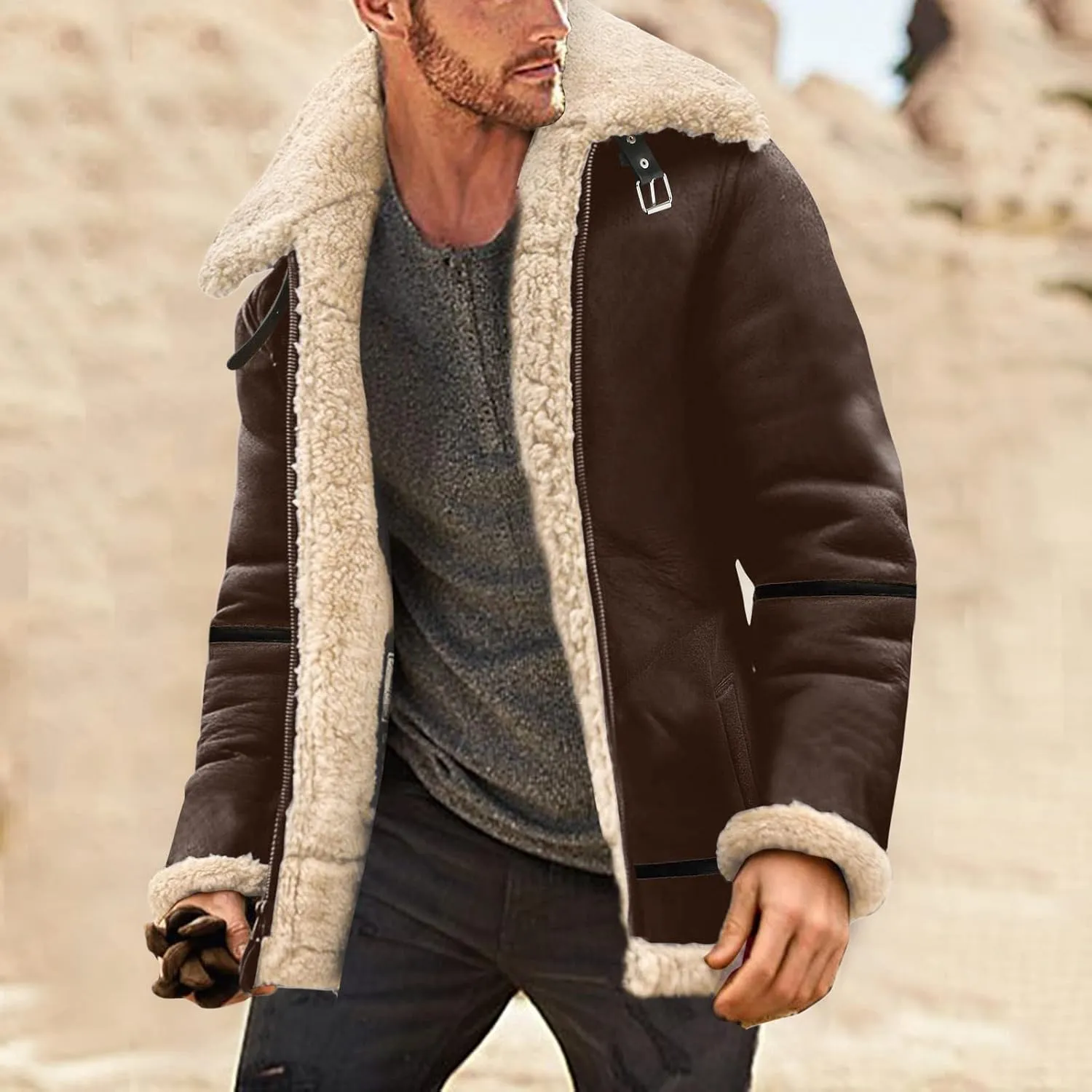 Mens Faux Leather Jacket Cozy Sherpa Fleece Lined Bomber Jackets Winter Coat Heavyweight Suede Faux Fur Trench Coat