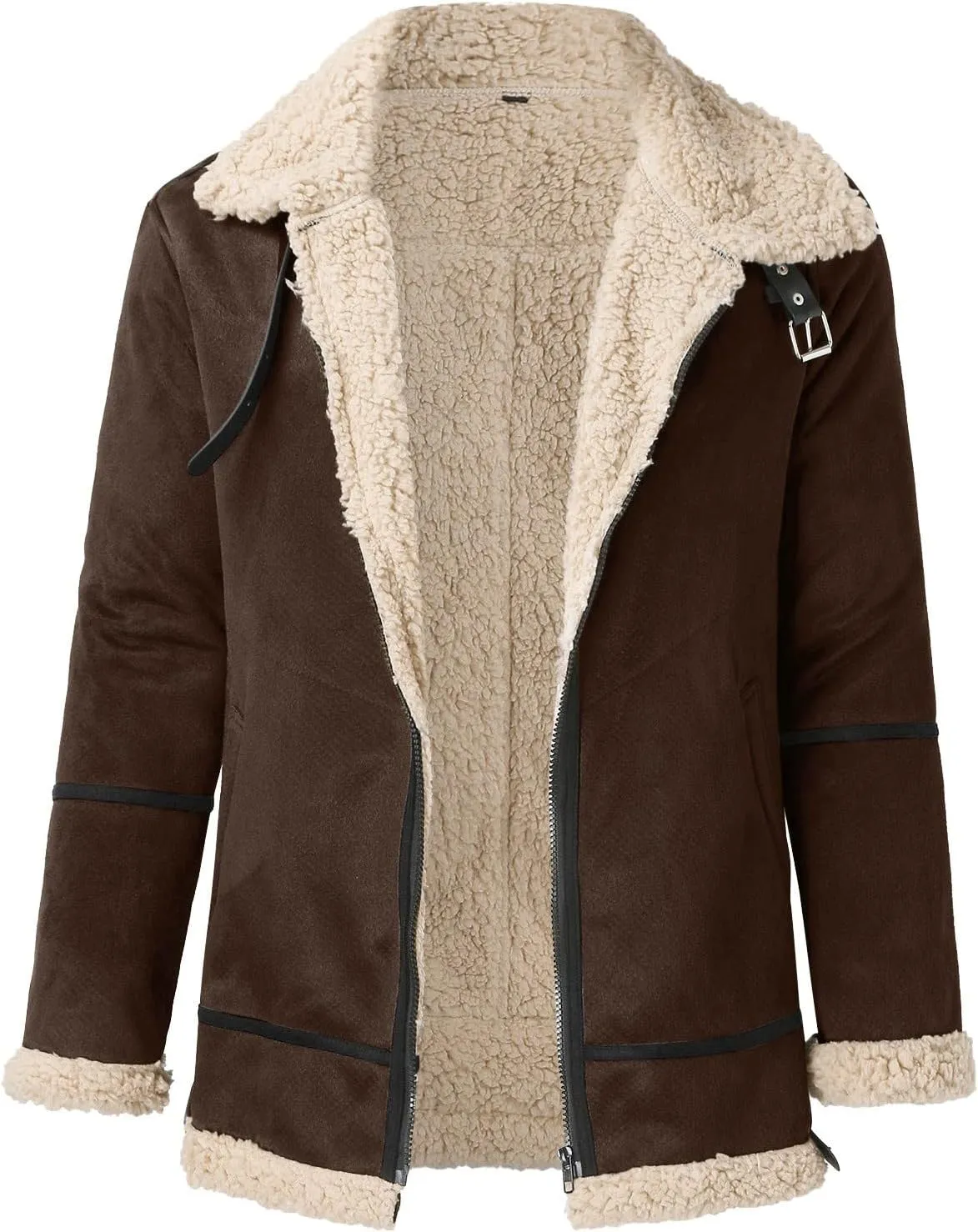 Mens Faux Leather Jacket Cozy Sherpa Fleece Lined Bomber Jackets Winter Coat Heavyweight Suede Faux Fur Trench Coat