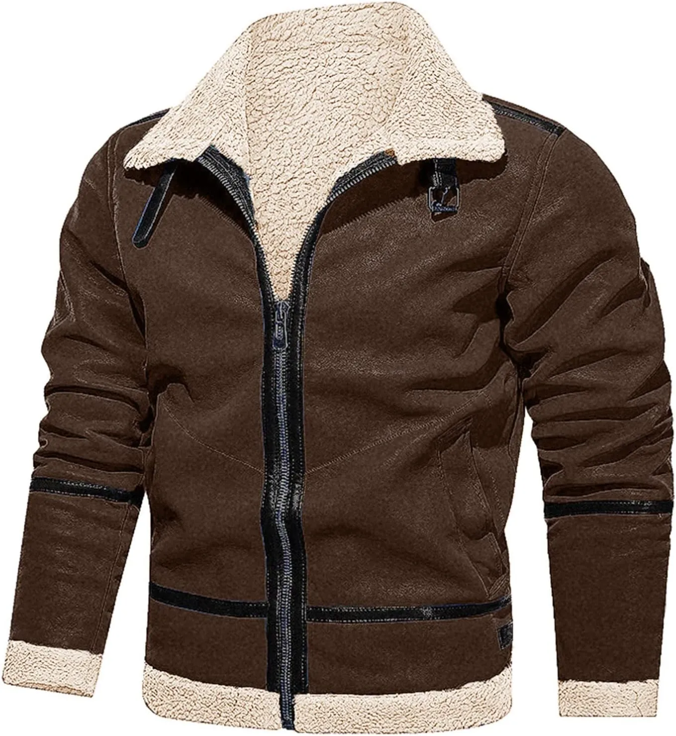 Mens Faux Leather Jacket Cozy Sherpa Fleece Lined Bomber Jackets Winter Coat Heavyweight Suede Faux Fur Trench Coat