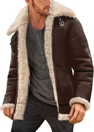Mens Faux Leather Jacket Cozy Sherpa Fleece Lined Bomber Jackets Winter Coat Heavyweight Suede Faux Fur Trench Coat