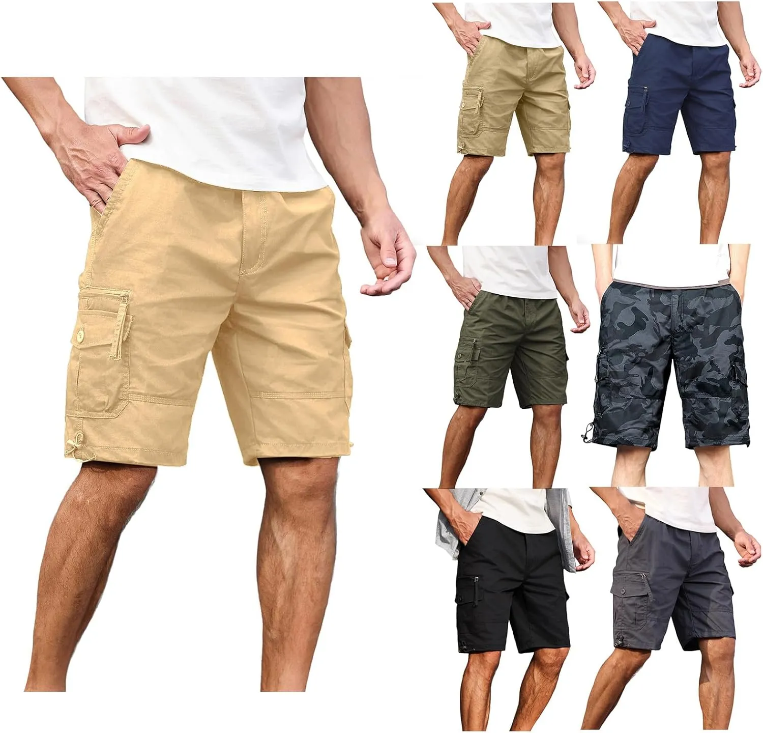 Mens Hiking Cargo Shorts Summer Straight-Leg Jogging Shorts Classic Fit Stretch Waist Sports Pants with Multi Pockets