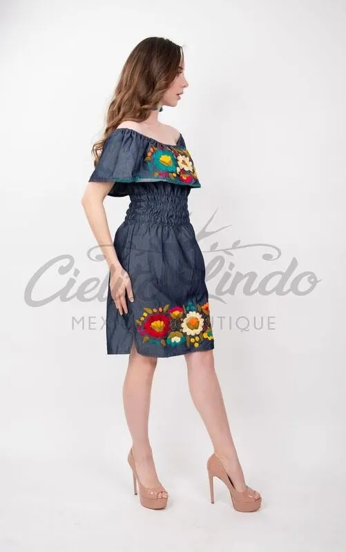 Mexican Denim Embroidered Dress Off the Shoulder