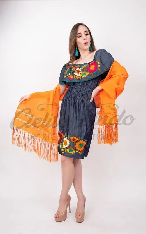 Mexican Denim Embroidered Dress Off the Shoulder