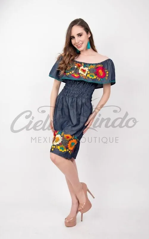 Mexican Denim Embroidered Dress Off the Shoulder