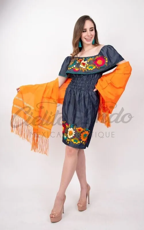Mexican Denim Embroidered Dress Off the Shoulder