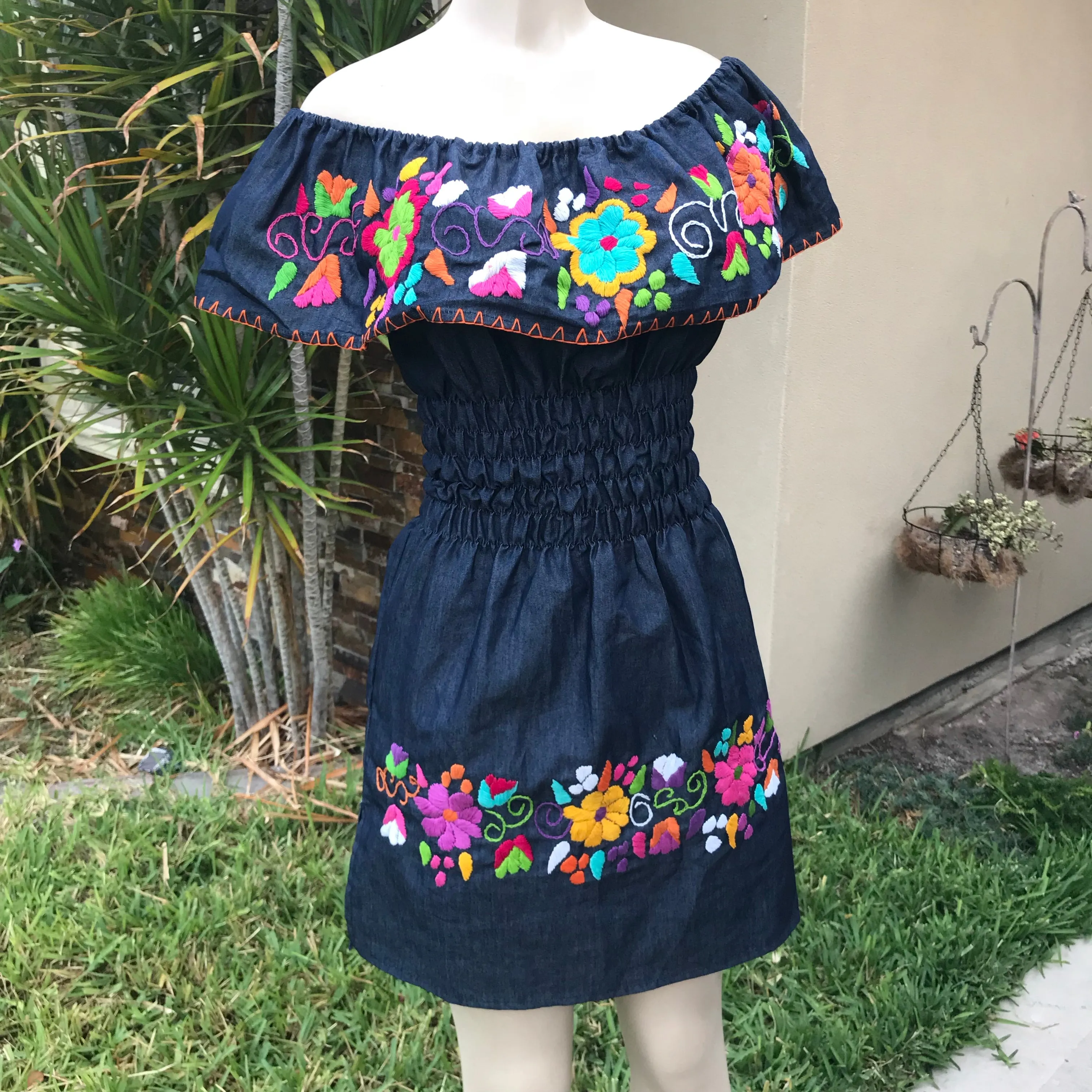 Mexican Denim Embroidered Dress Off the Shoulder