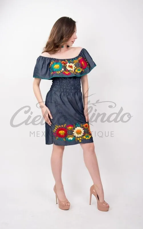 Mexican Denim Embroidered Dress Off the Shoulder