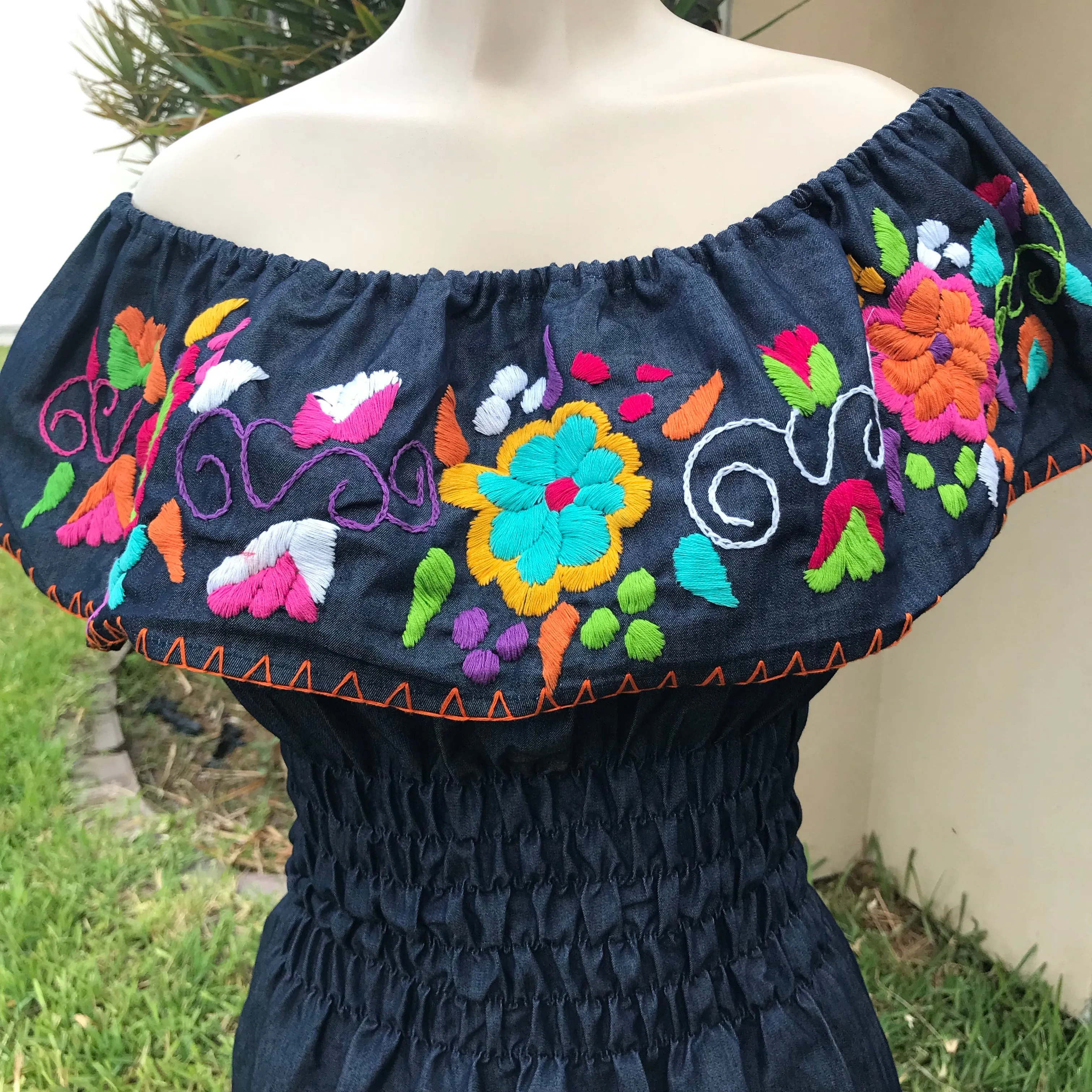 Mexican Denim Embroidered Dress Off the Shoulder