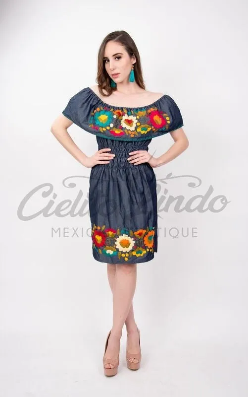 Mexican Denim Embroidered Dress Off the Shoulder