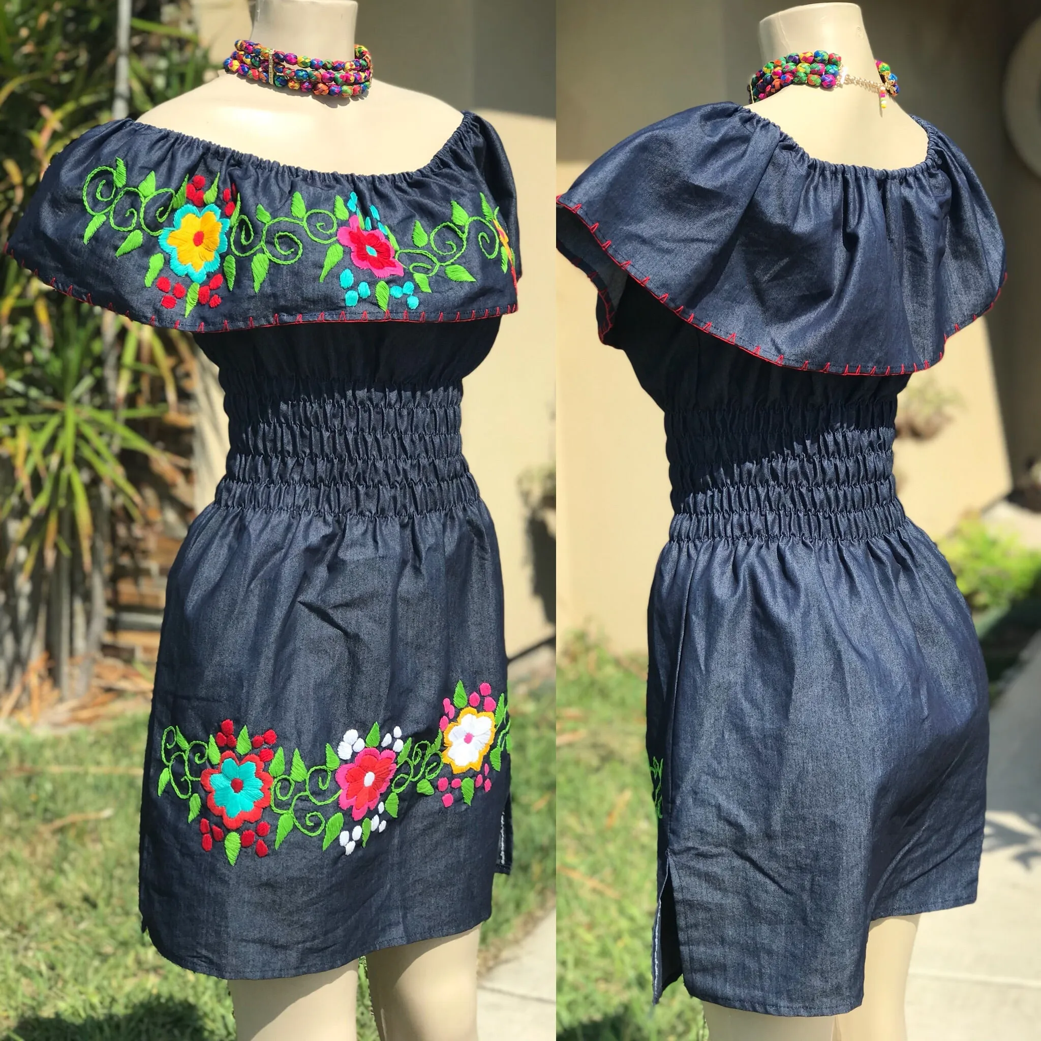 Mexican Denim Embroidered Dress Off the Shoulder