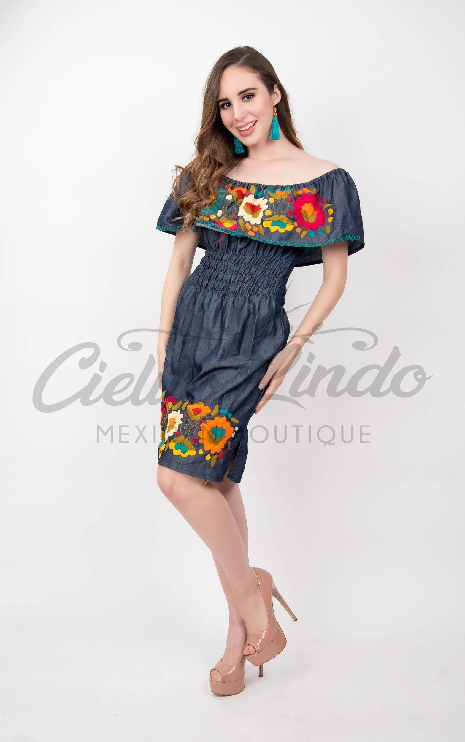 Mexican Denim Embroidered Dress Off the Shoulder