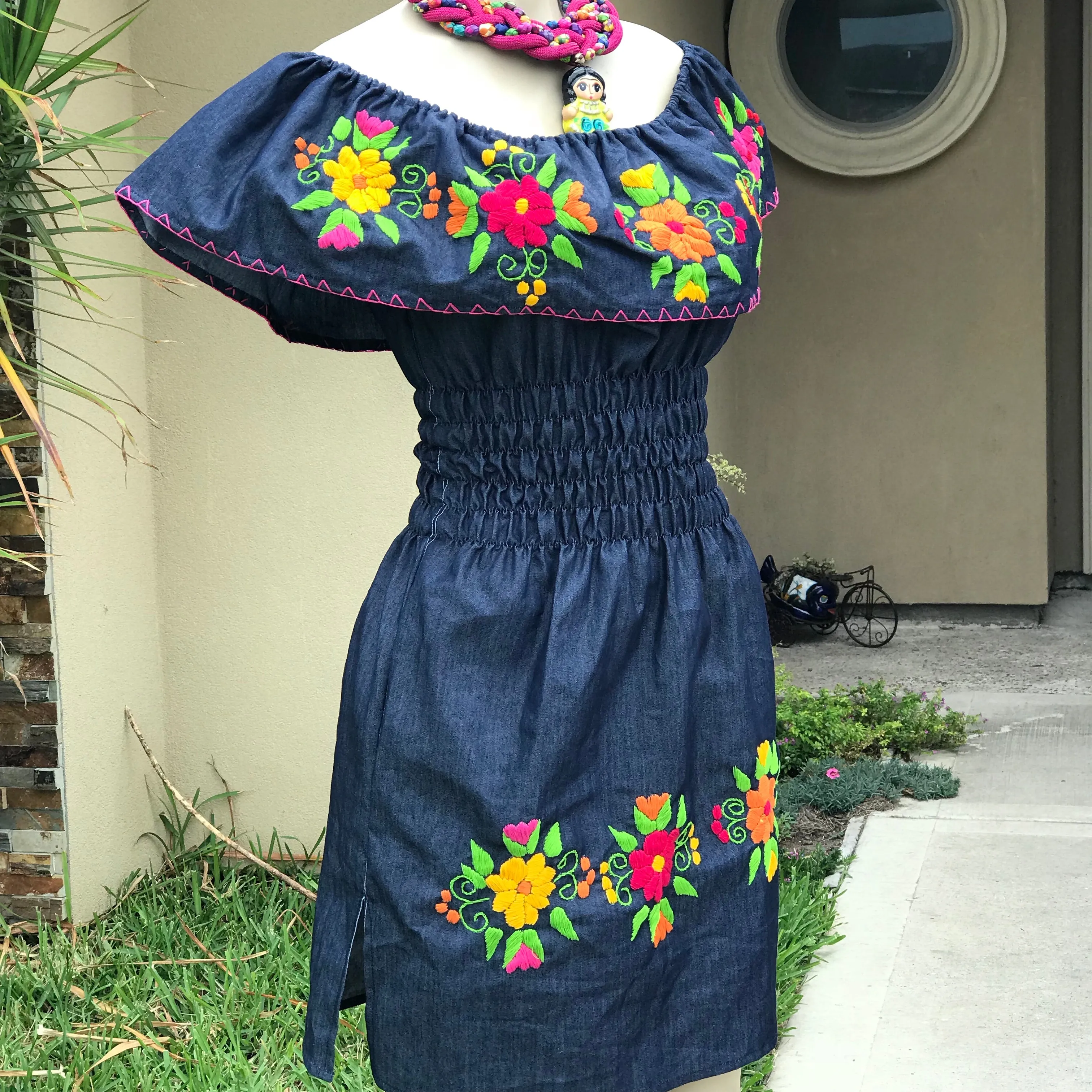 Mexican Denim Embroidered Dress Off the Shoulder