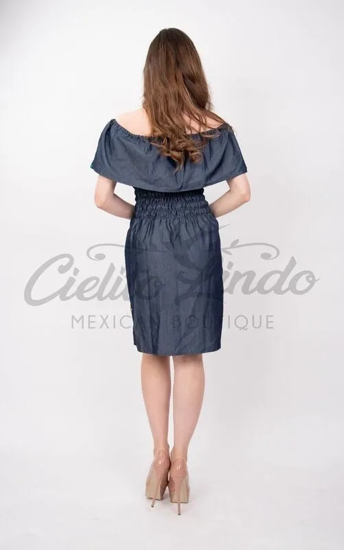 Mexican Denim Embroidered Dress Off the Shoulder
