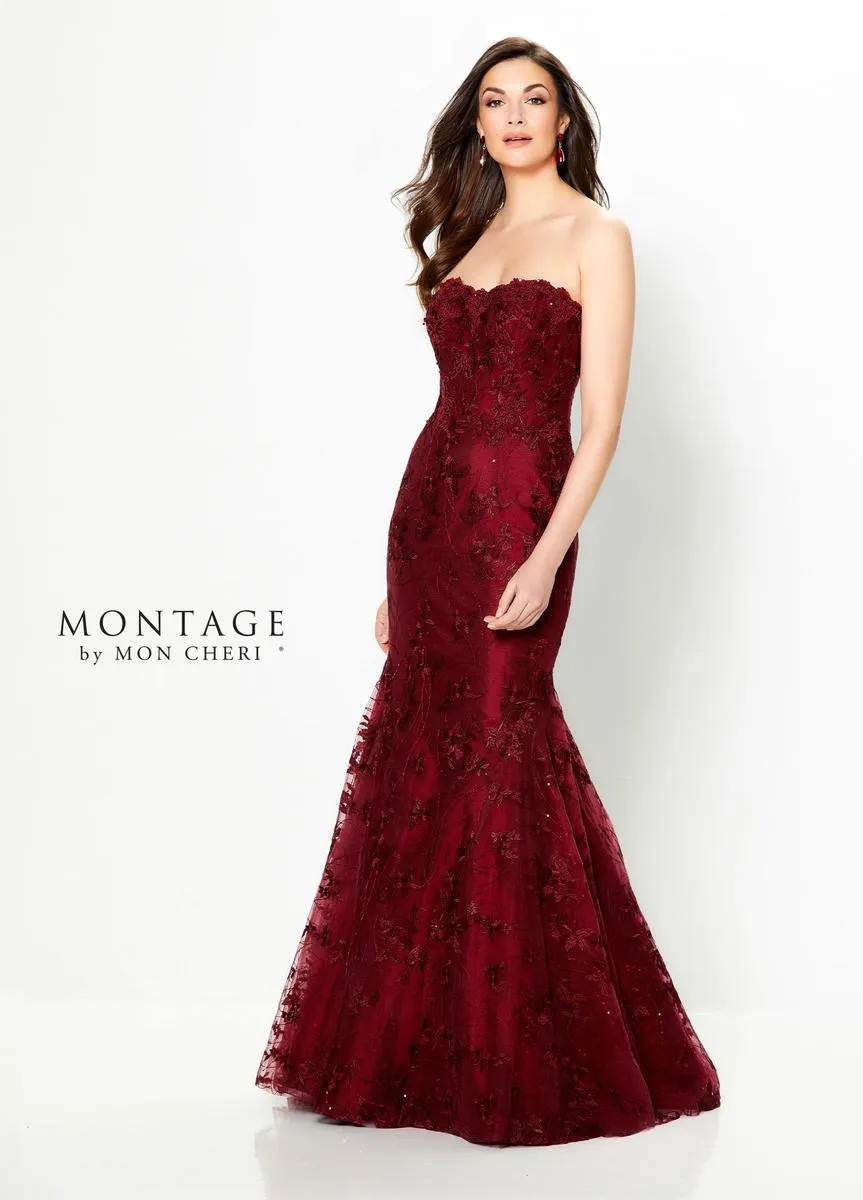 MONTAGE by Mon Cheri 219979 Wine Evening Dress with Lace Sleeves - Size 6