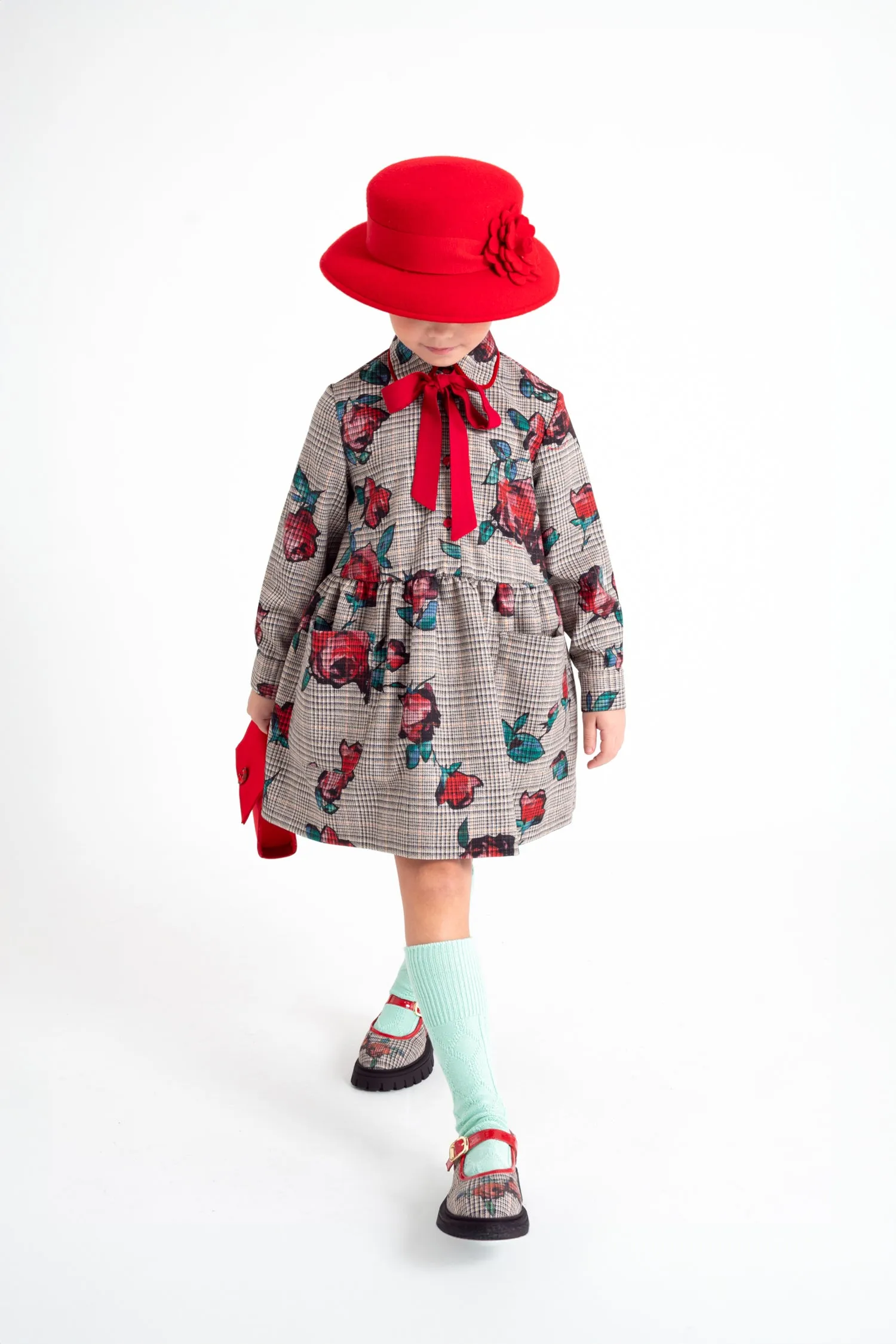 Multicolor Rose-Print Prince of Wales Dress