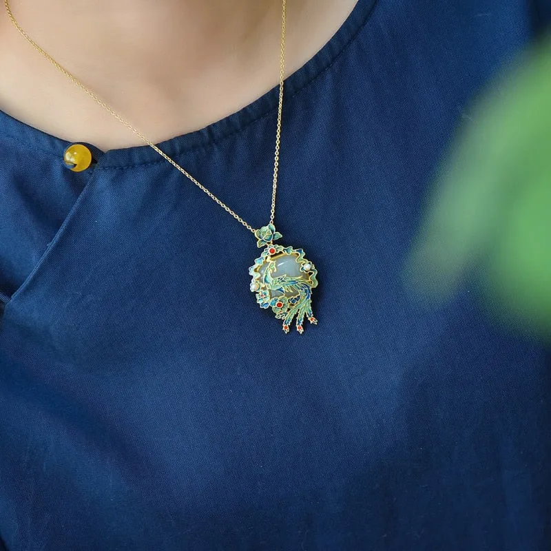 Natural Hetian jade phoenixs Laiyi enamel porcelain necklace pendant
