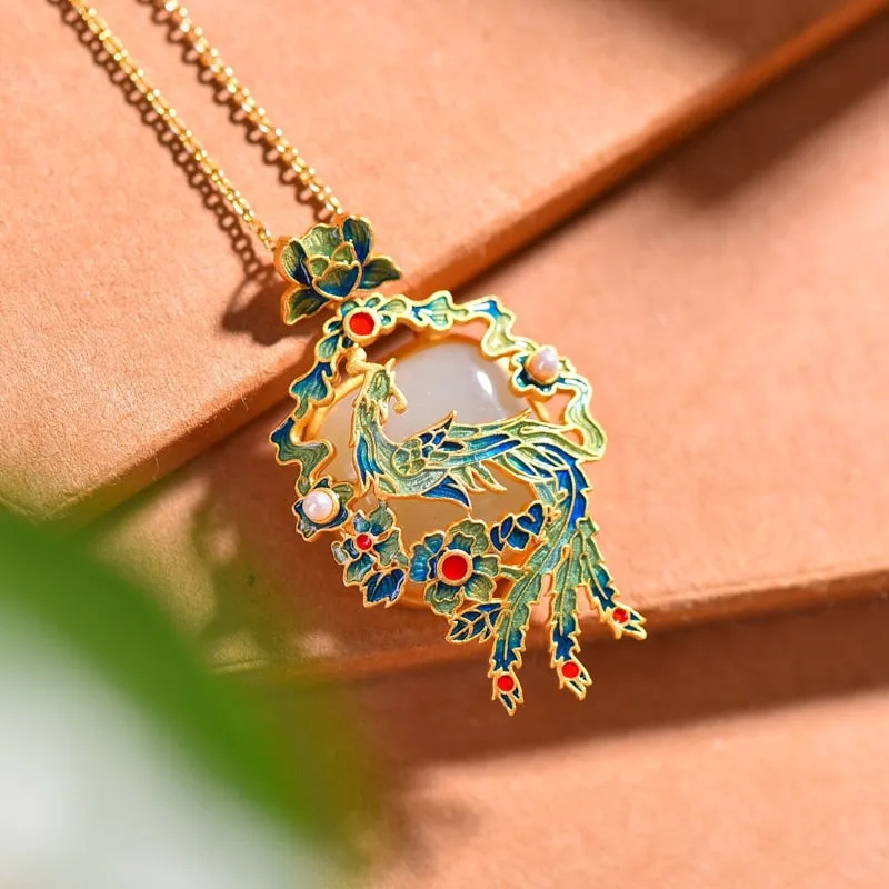 Natural Hetian jade phoenixs Laiyi enamel porcelain necklace pendant