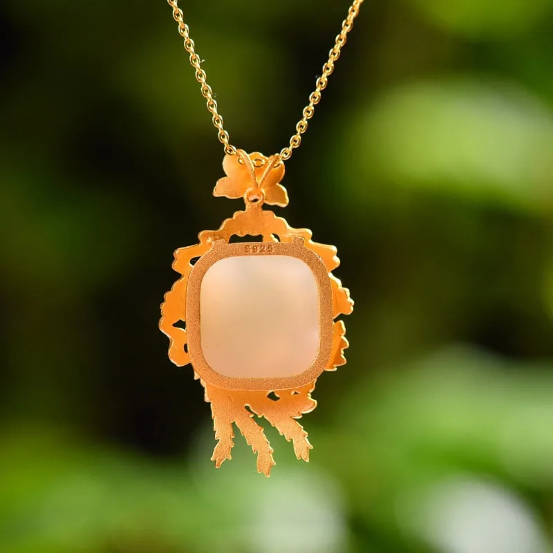 Natural Hetian jade phoenixs Laiyi enamel porcelain necklace pendant